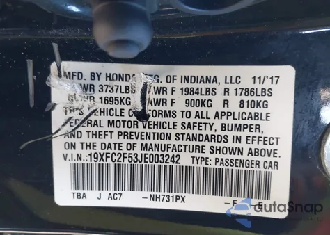 2018 Honda Civic Lx from USA, damaged, VIN 19XFC2F53JE003242